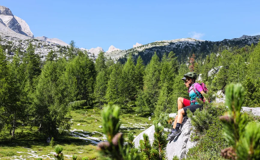 Zwei Radfahrer machen Pause auf Felsen in einer grünen Berglandschaft