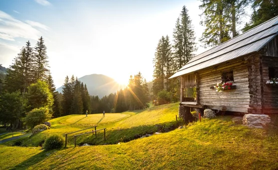 Deluxe Golf Days 2-for-1 Advantage / 3 nights Sunset over green hill with wooden cabin and tall pine trees