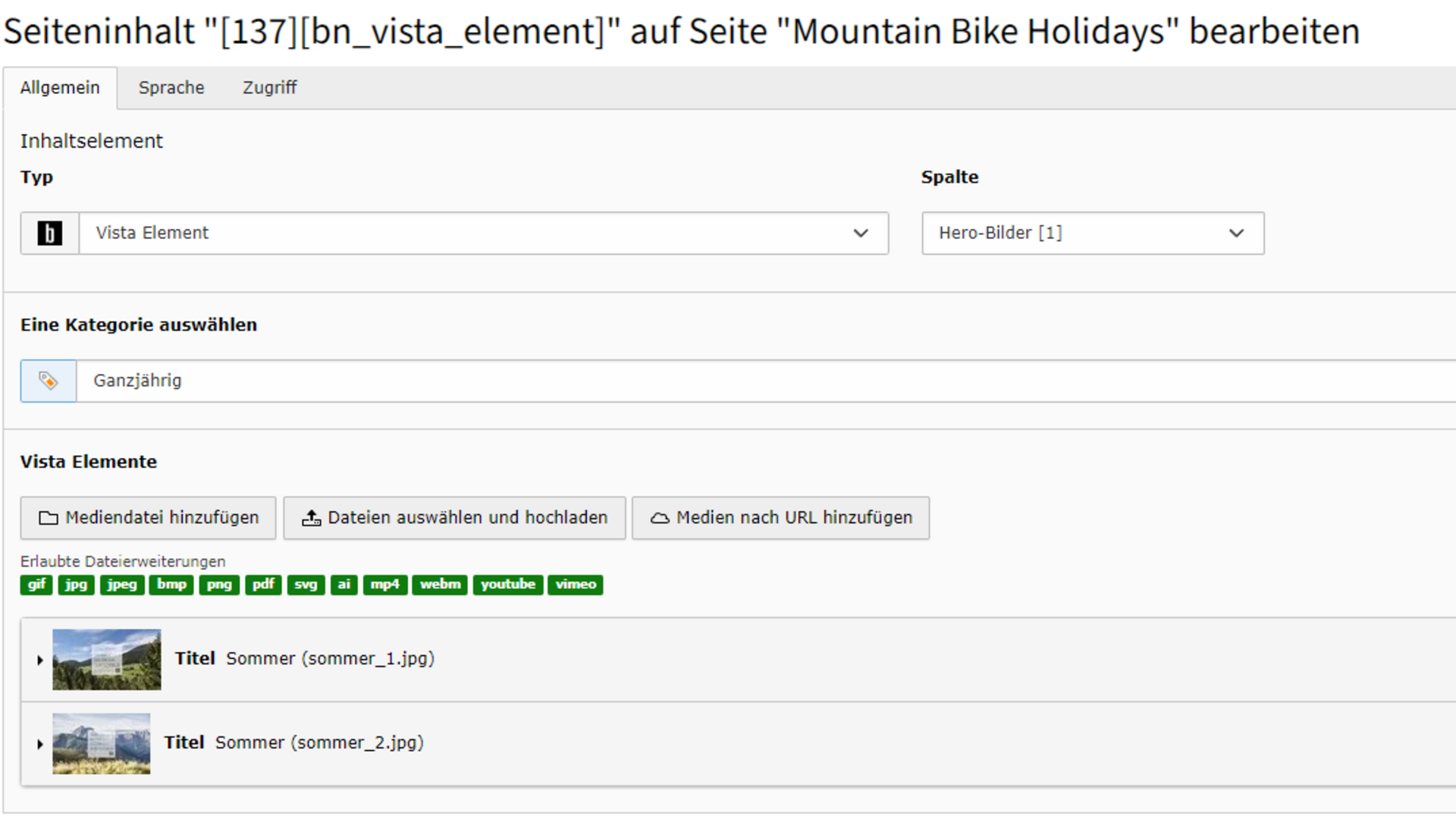 Hero/Vista Benutzeroberfläche zur Bearbeitung eines Vista Elements für Mountain Bike Holidays