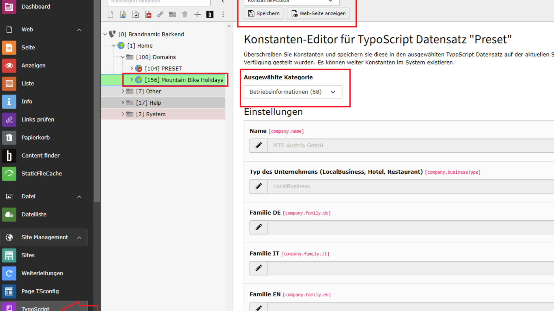 Allgemeine Infos zur Website Konstanten-Editor für Typoscript mit Mountain Bike Holidays Dataset