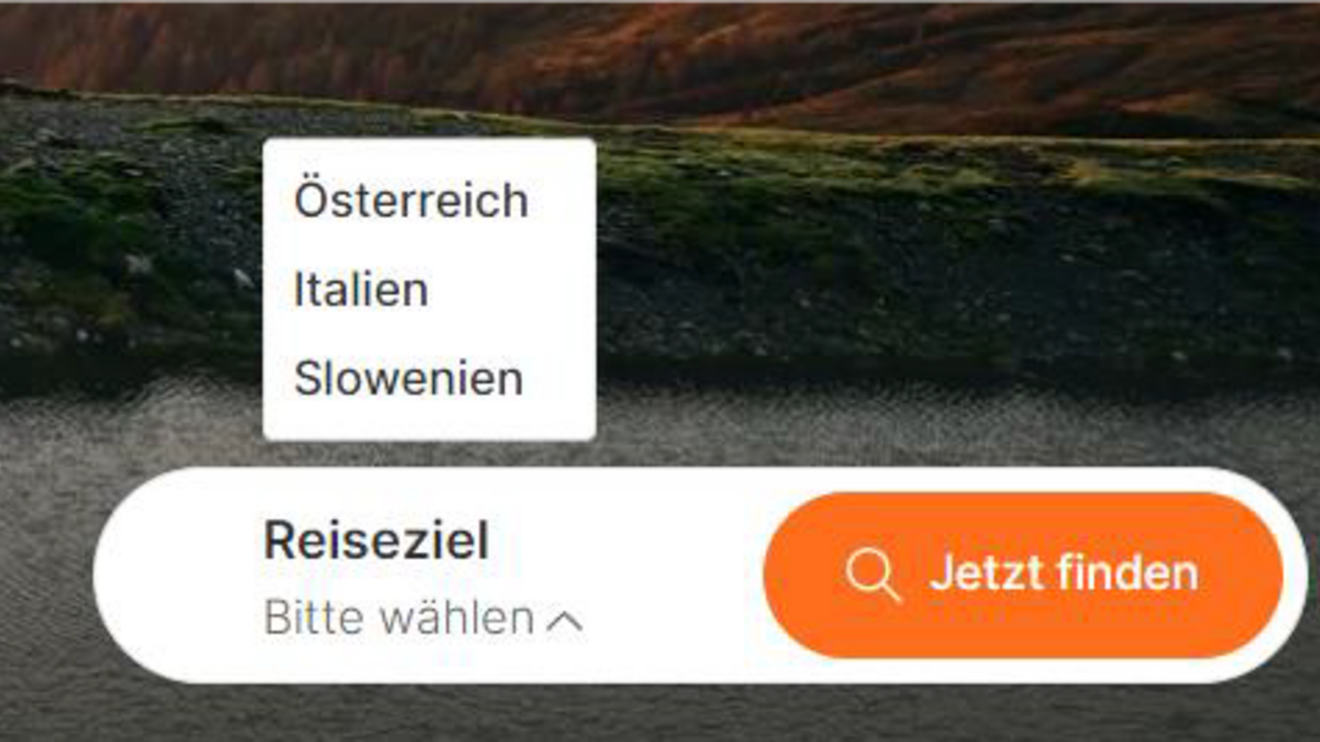 Hero/Vista Auswahlmenü mit Reisezielen Österreich, Italien, Slowenien und Suchbutton Jetzt finden