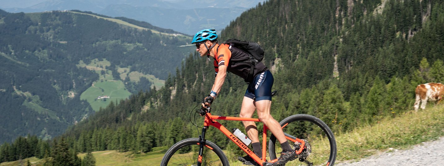 Frauenalm-Jägersee Ronde © Jonas Lehmann Mountainbiker rijdt bergaf op bospad met bergen op de achtergrond