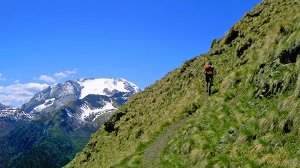 Mountainbiker fährt auf schmalem Pfad an Hang mit schneebedecktem Berg im Hintergrund