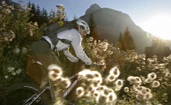 Persoon mountainbiken door bloeiende weide bij zonsondergang met berg op achtergrond