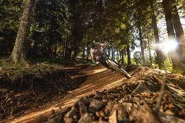 Mountain biker riding on sunny forest trail with sharp turn