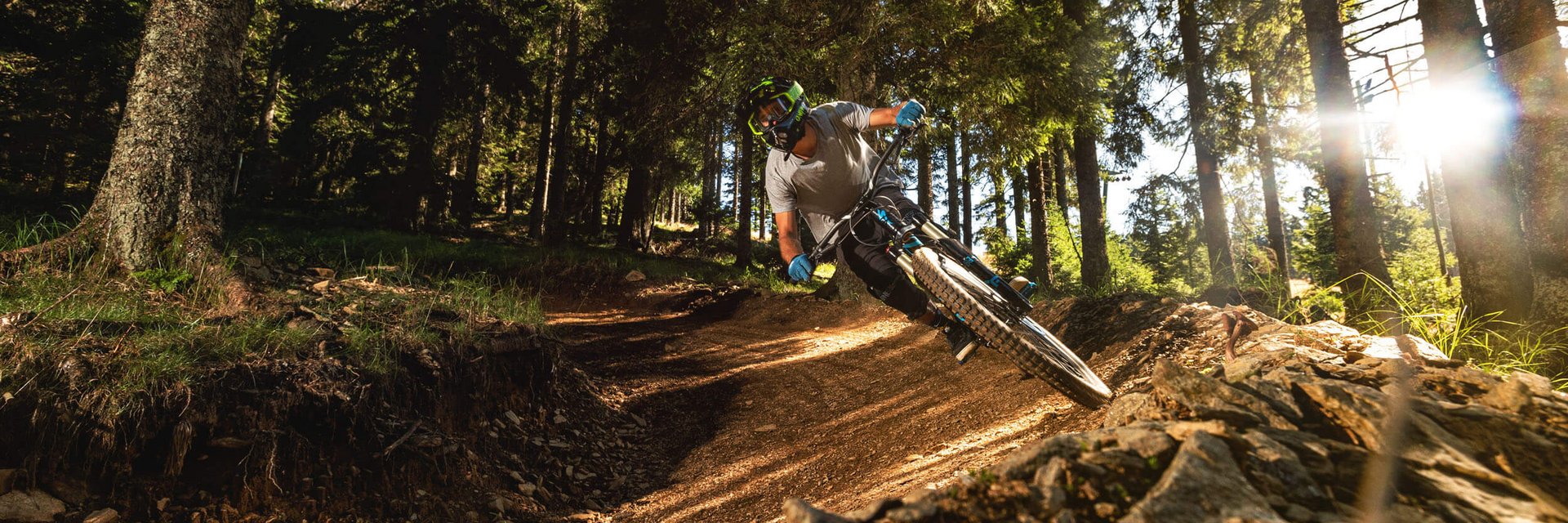 Mountainbiker fährt in sonnigem Wald auf kurviger Strecke