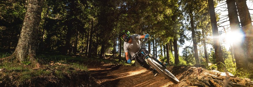 Mountainbiker fährt in sonnigem Wald auf kurviger Strecke