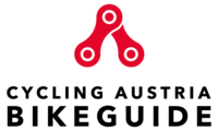 Logo von Cycling Austria Bikeguide mit rotem Fahrradkettensymbol