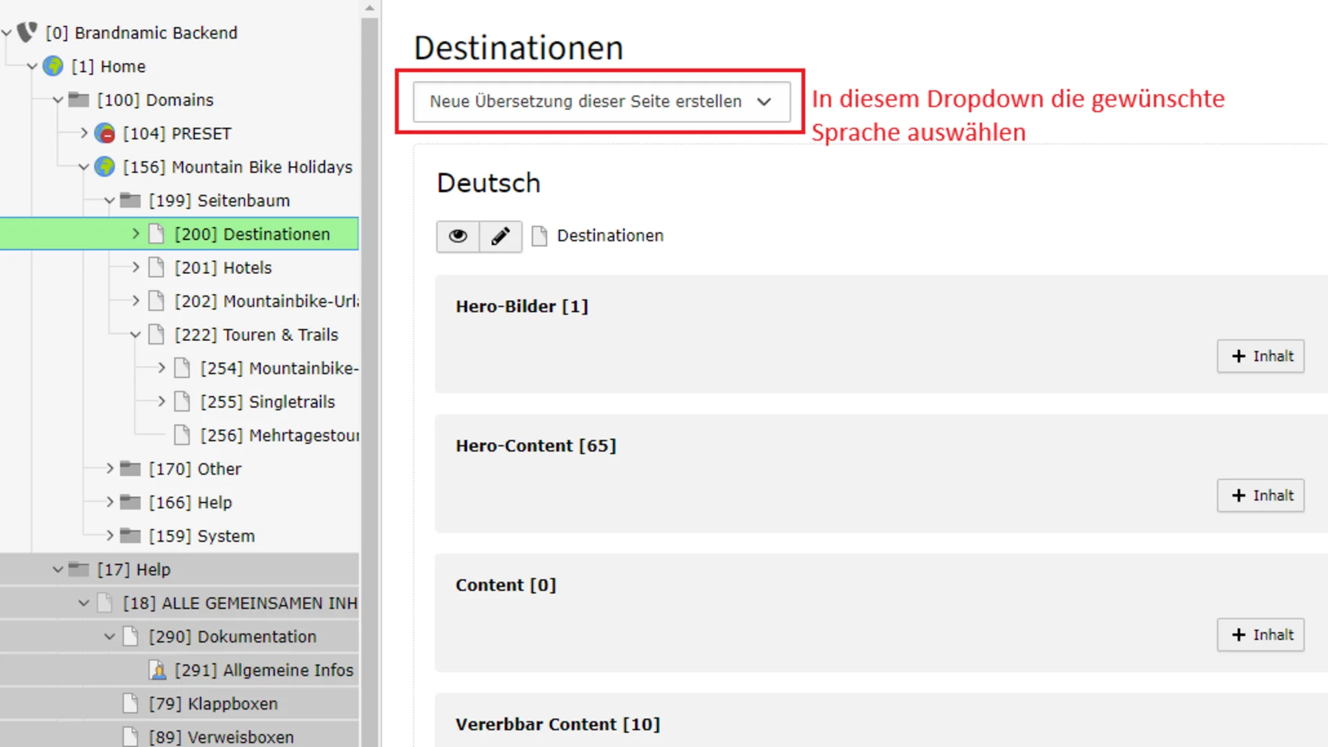 Screenshot eines CMS mit Dropdown für Sprachenvergleich und Seitenübersetzung.