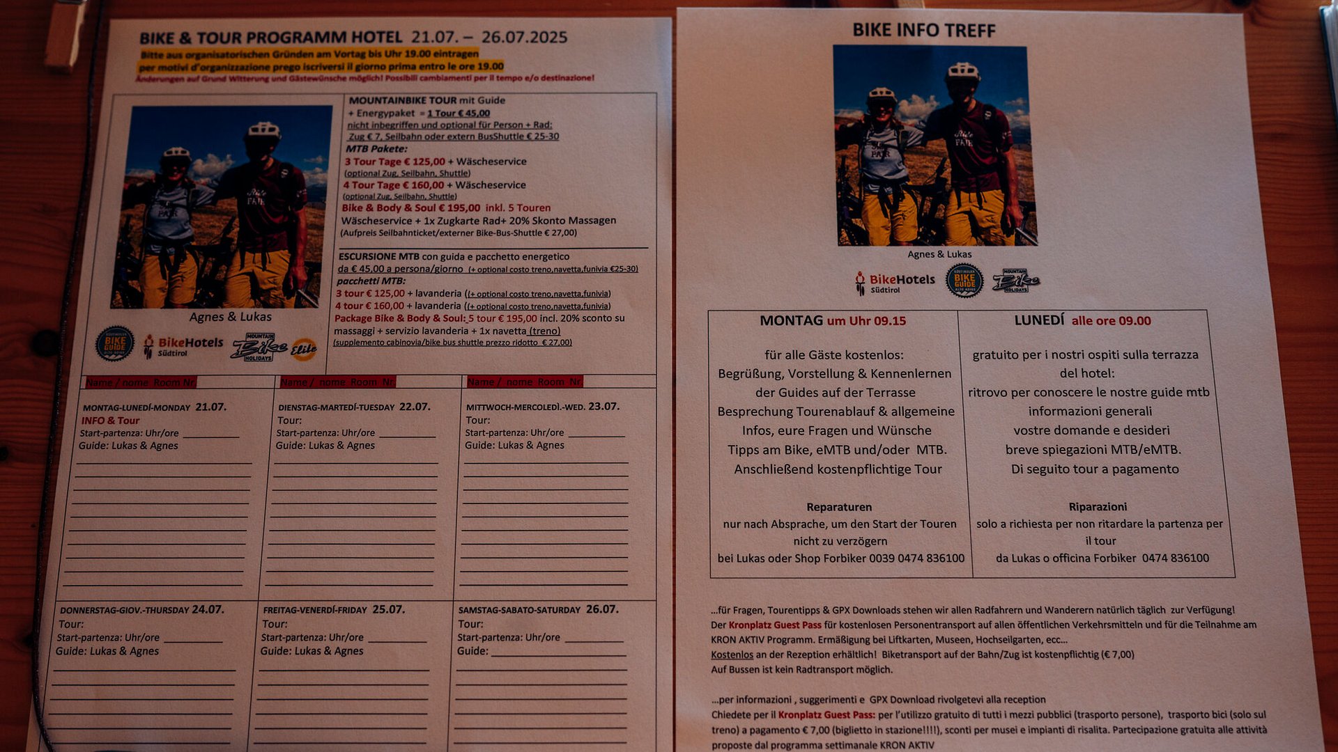 Fahrrad- und Tourprogramm im Hotel vom 21. bis 26. Juli 2025 mit Guides Agnes & Lukas