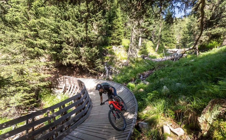 Mountainbiker auf einem gewundenen Holzweg im Wald