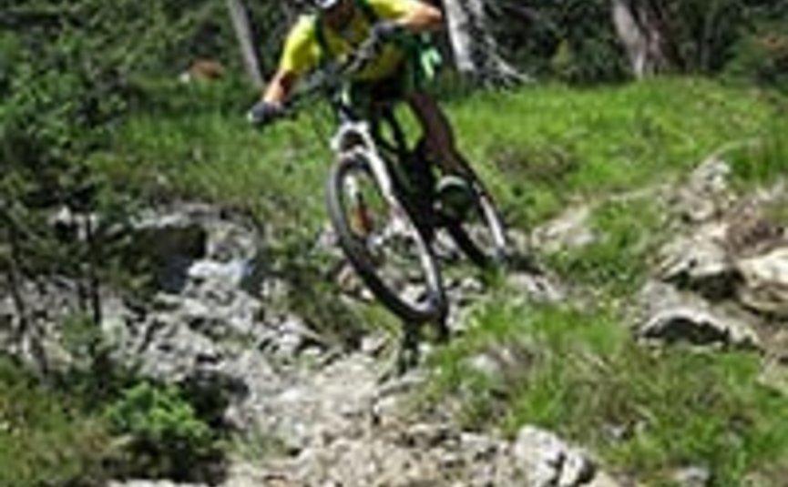 Vario Mountain Bike package for 3 days Mountain biker riding on a rocky forest trail