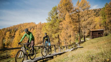 Zwei Mountainbiker fahren auf einem Holzsteg durch herbstlichen Wald