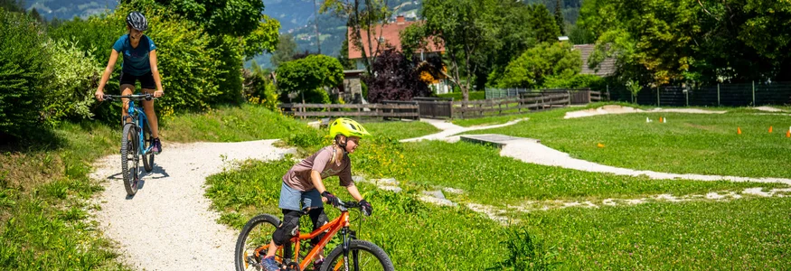 Kinder fahren Mountainbike auf einem sonnigen Waldweg in den Bergen
