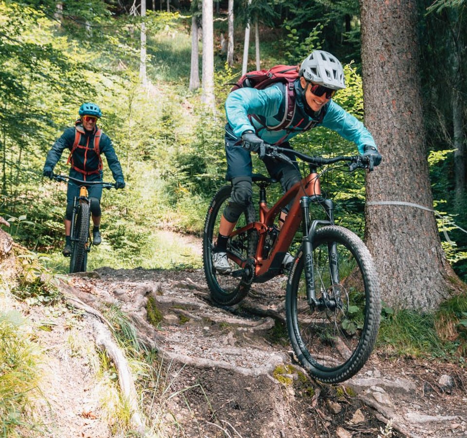 Zwei Mountainbiker fahren auf einem wurzeligen Waldweg bergab