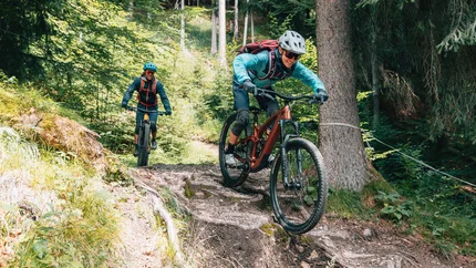 Zwei Mountainbiker fahren auf einem wurzeligen Waldweg bergab