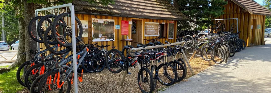 Mountainbike Urlaub in Rogla – Pohorje © Hotel Planja Fahrradverleihstation mit vielen Mountainbikes vor Holzhütten unter Bäumen