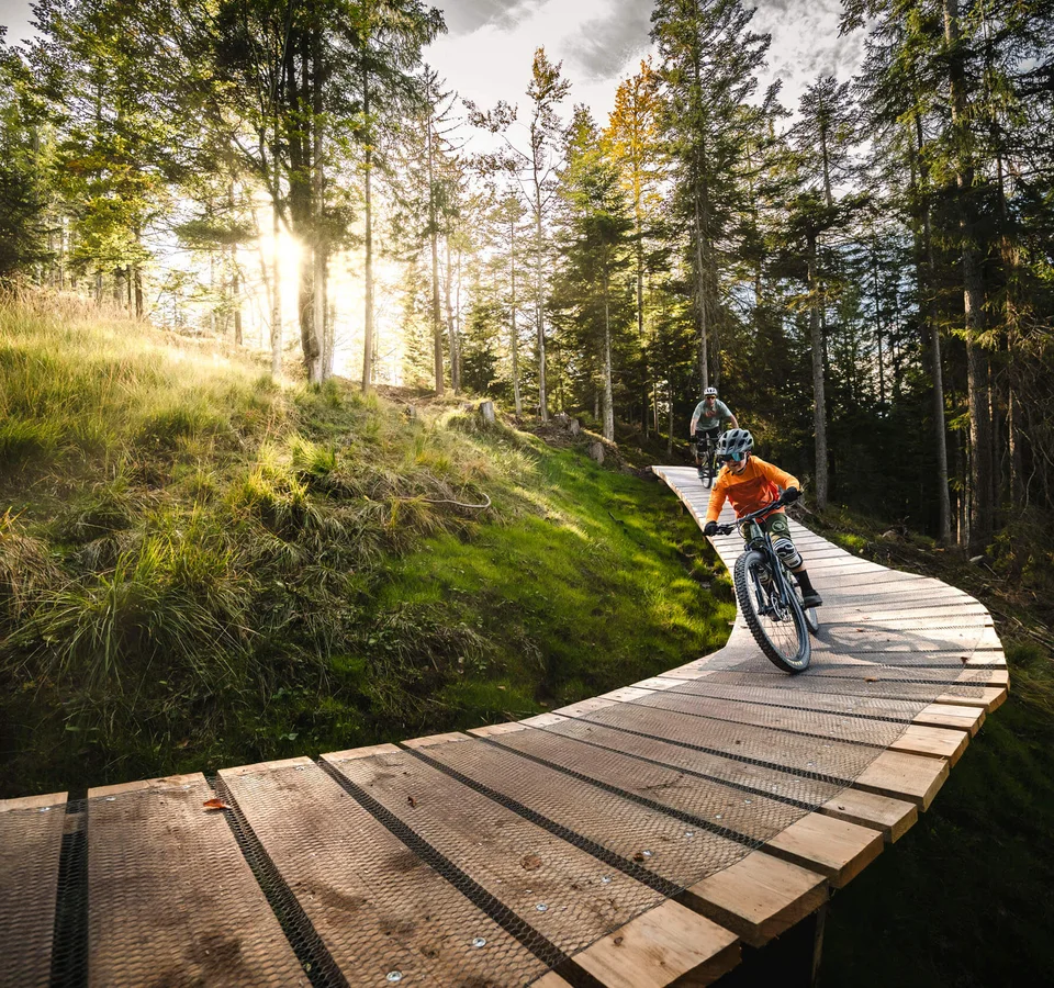 BEST OF Familien-Bikeurlaub © Klaus Listl Zwei Mountainbiker auf einem Holzsteg in einem sonnigen Wald