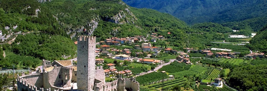 Burg auf einem bewaldeten Hügel mit Dorf und Bergen im Hintergrund