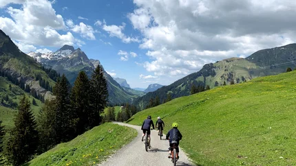 Drei Menschen fahren mit dem Fahrrad auf einem Bergweg bei sonnigem Wetter