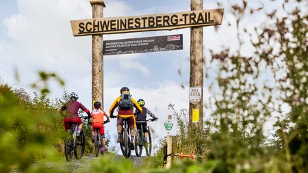 Ein perfekter Enduro-Tag – vom ersten Höhenmeter bis zum letzten Trail © Klemens König Vier Mountainbiker fahren den Schweinestberg-Trail hinauf