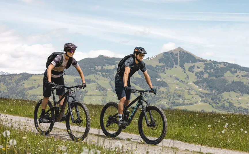 Two mountain bikers riding a trail in the Alps on a sunny day
