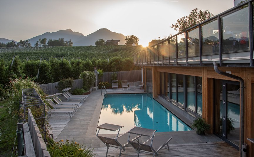 Schwimmbad mit Liegestühlen vor Weinbergen bei Sonnenuntergang