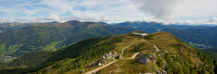 Bergweg mit grünem Wald und Bergen unter bewölktem Himmel
