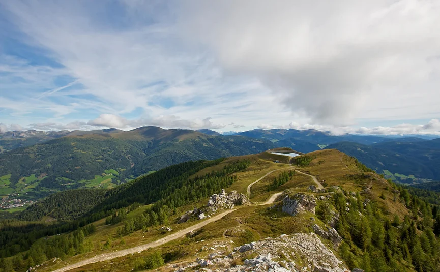 Bergweg mit grünem Wald und Bergen unter bewölktem Himmel