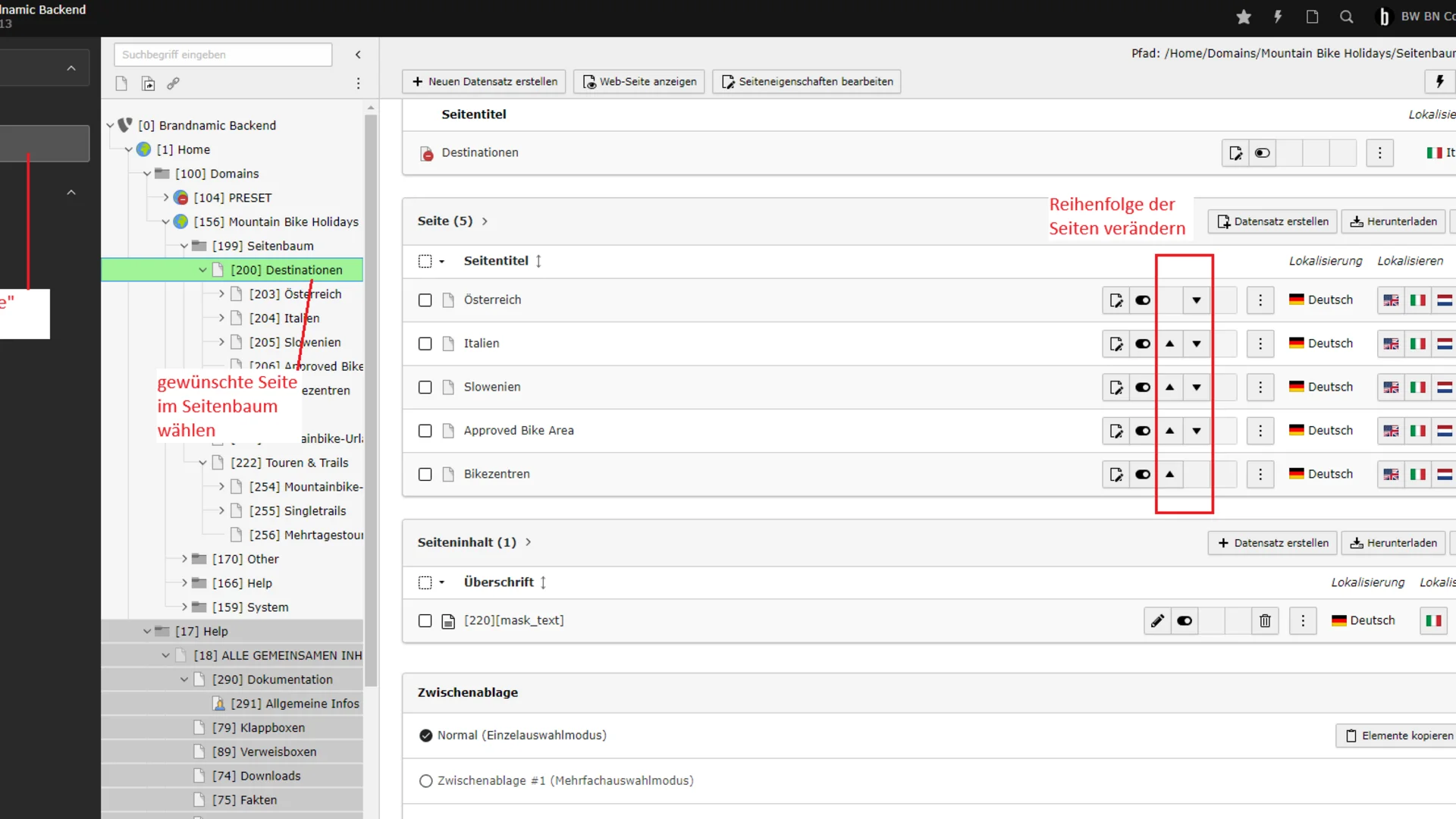 Backend-Oberfläche zur Verwaltung und Sortierung von Seiten in einem CMS