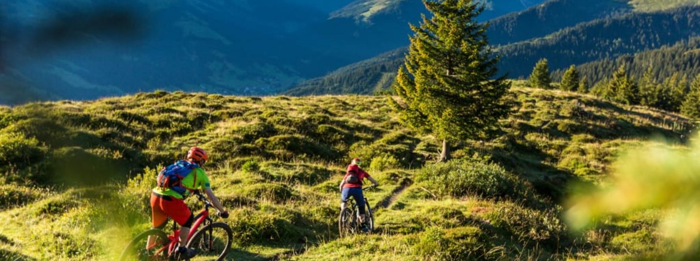 Twee fietsers op een groen bergpad met bergen op de achtergrond