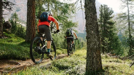 Zwei Radfahrer fahren auf einem Waldweg in den Bergen