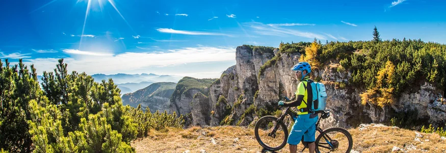 Mountainbiker bei sonnigem Wetter auf einem Berggipfel mit Felsen und Tannen