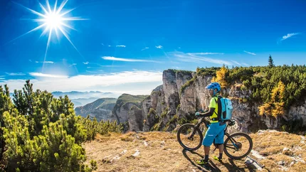 Mountainbiker bei sonnigem Wetter auf einem Berggipfel mit Felsen und Tannen