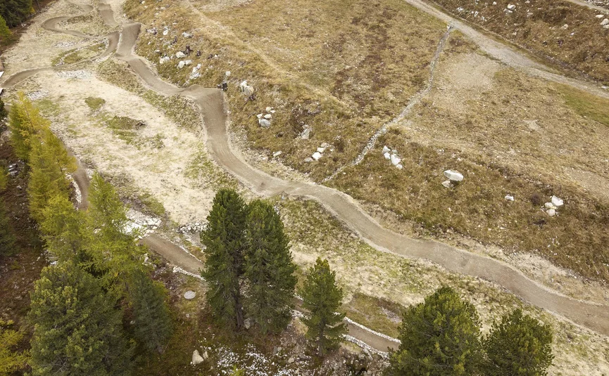 Luftaufnahme eines kurvigen Wanderwegs durch eine alpine Landschaft mit Bäumen
