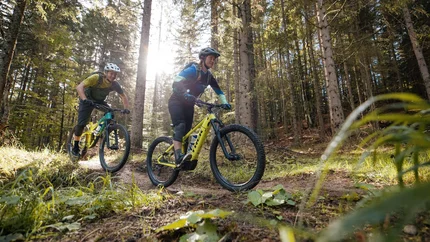 Twee mountainbikers rijden op een bospaadje in zonlicht