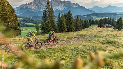 Two mountain bikers cycling on a trail in the mountains with fir trees and a cabin