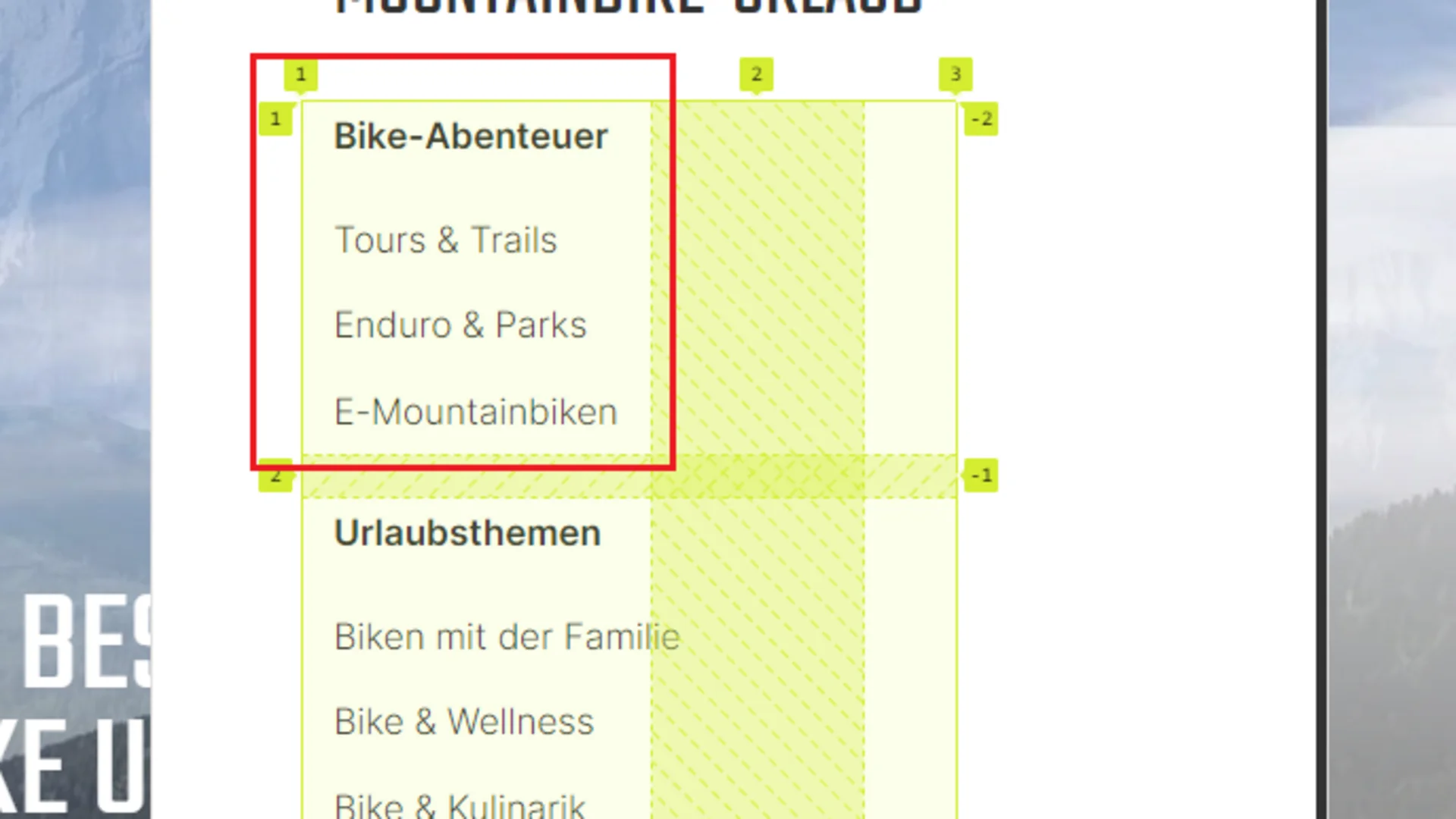 Menü für Mountainbike-Urlaub mit Bike-Abenteuer und Urlaubsthemen