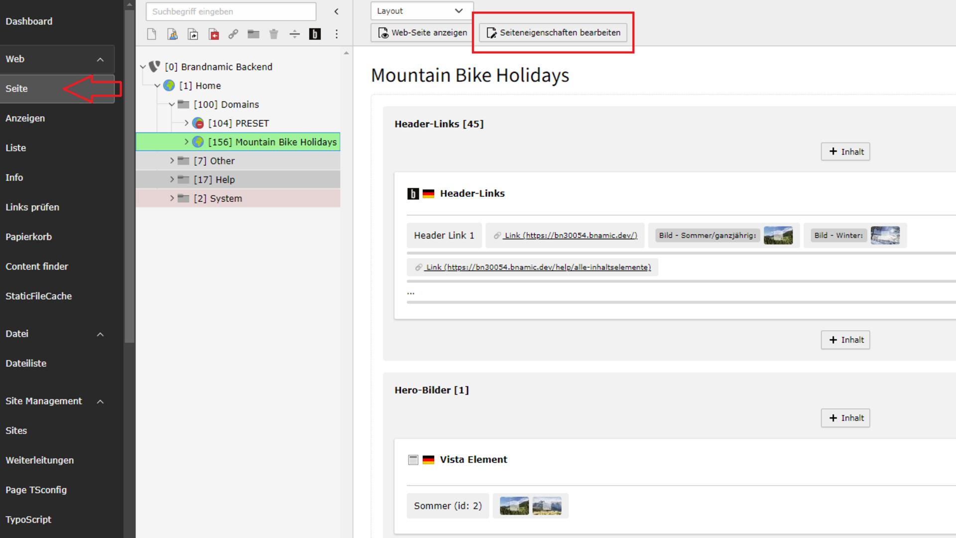 Allgemeine Infos zur Website Backend-Seiteneigenschaften für Mountain Bike Holidays im CMS bearbeiten
