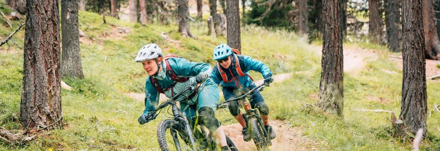 Zwei Mountainbiker fahren einen bewaldeten Trail hinunter