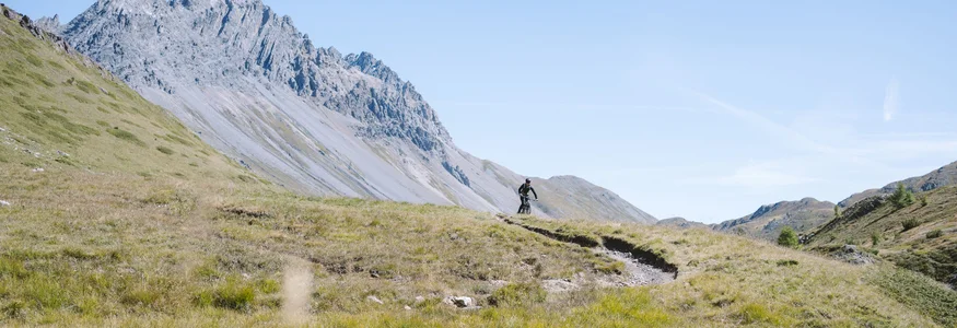 Mountainbiker fährt auf einem Pfad durch eine Bergwiese unter klarem Himmel