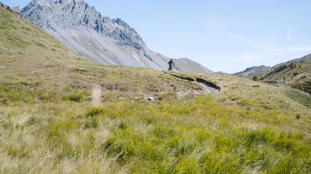 Mountainbiker fährt auf einem Pfad durch eine Bergwiese unter klarem Himmel