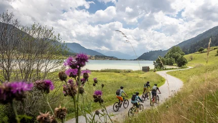 Fahrradfahrer auf Weg am See mit Bergen und Blumen im Vordergrund