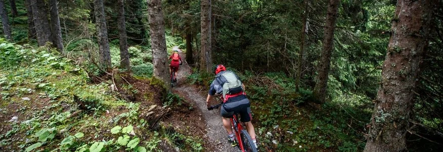 Zwei Mountainbiker fahren auf einem Waldweg unter einem OurTrail-Banner