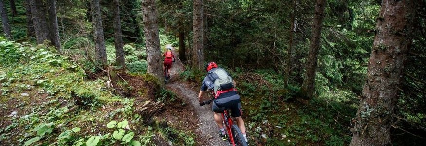 Geniesserhotel Minglers Sportalm ****S © TVB Kitzbühler Alpen - Erwin Haiden Zwei Mountainbiker fahren auf einem Waldweg unter einem OurTrail-Banner