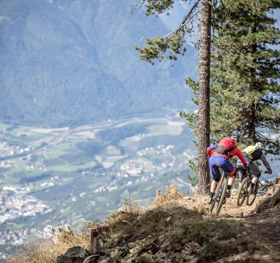 Zwei Mountainbiker fahren auf einem Bergpfad mit Talblick