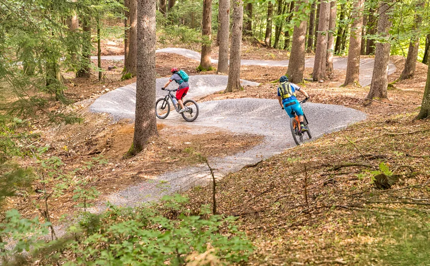 Twee mountainbikers op een kronkelend bospad met kunstmatige hobbels