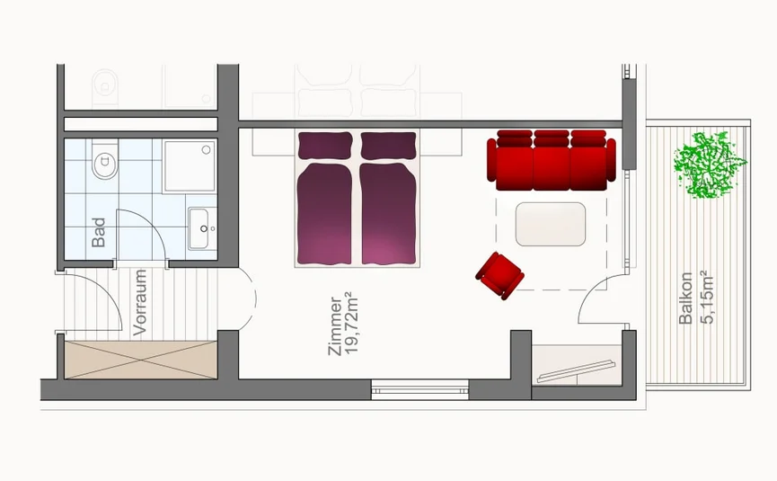 Grundriss eines Zimmers mit Bad, Balkon und Sitzbereich