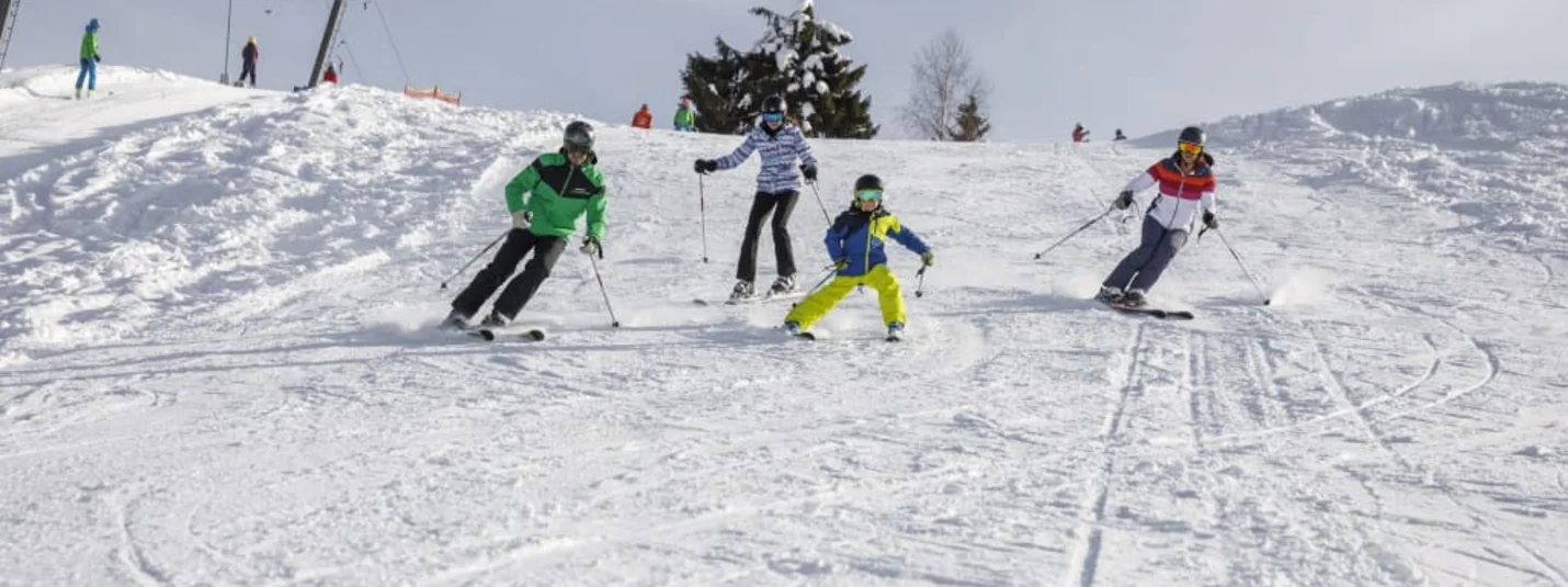Vier Personen beim Skifahren auf schneebedecktem Hang bei bewölktem Himmel