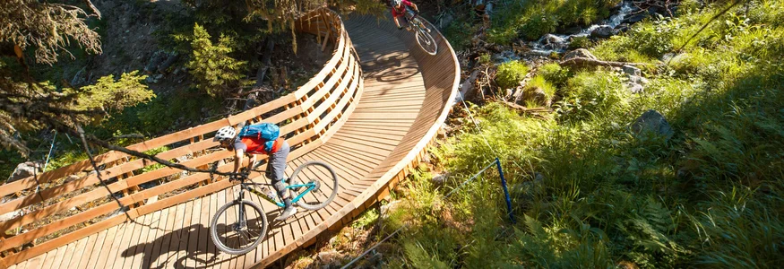 Zwei Mountainbiker auf kurviger Holzbrücke im Wald